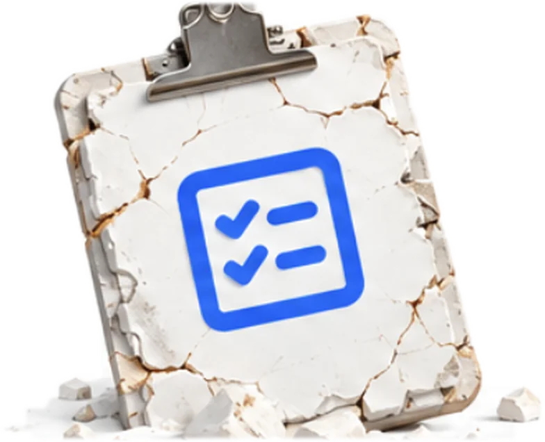 Cracked white clipboard with a blue checklist icon