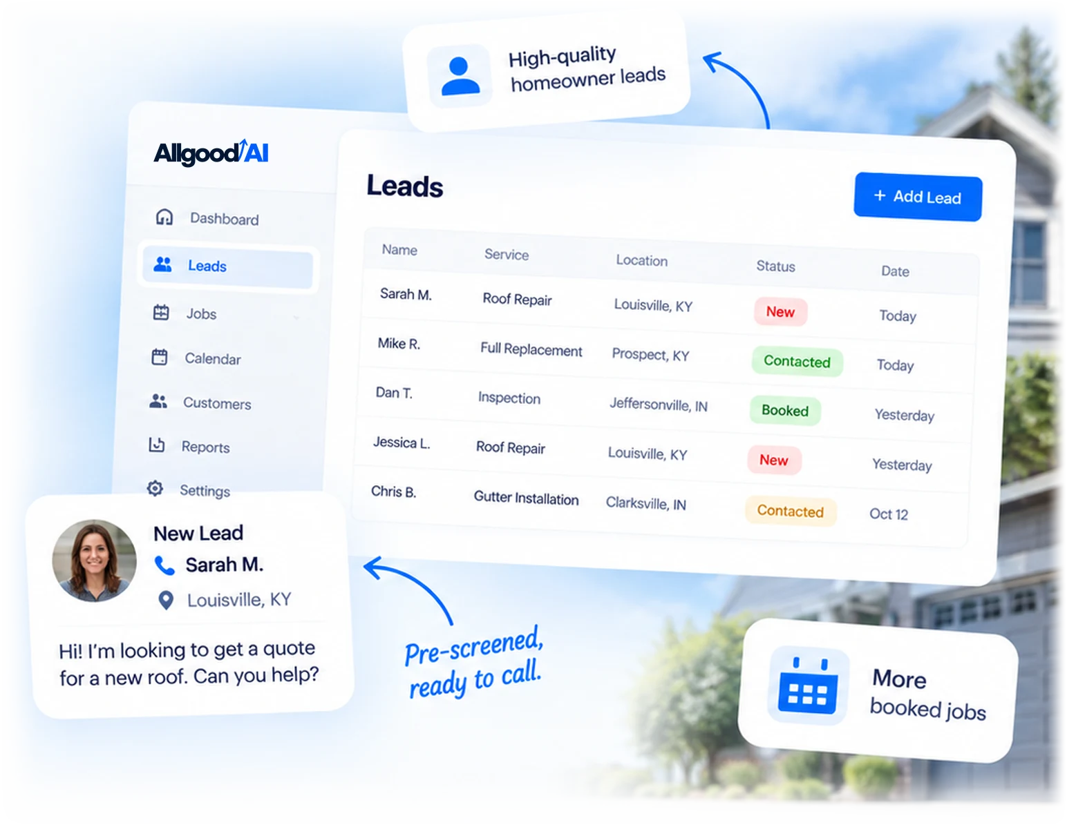 Allgood AI leads dashboard listing new, contacted and booked homeowner leads, with a new lead message from Sarah M. in Louisville, KY