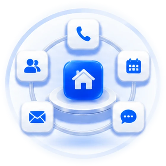 Home icon connected to calls, calendar, messages, email and contacts