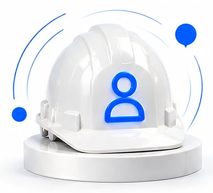White 3D hard hat with a blue person icon on a round pedestal