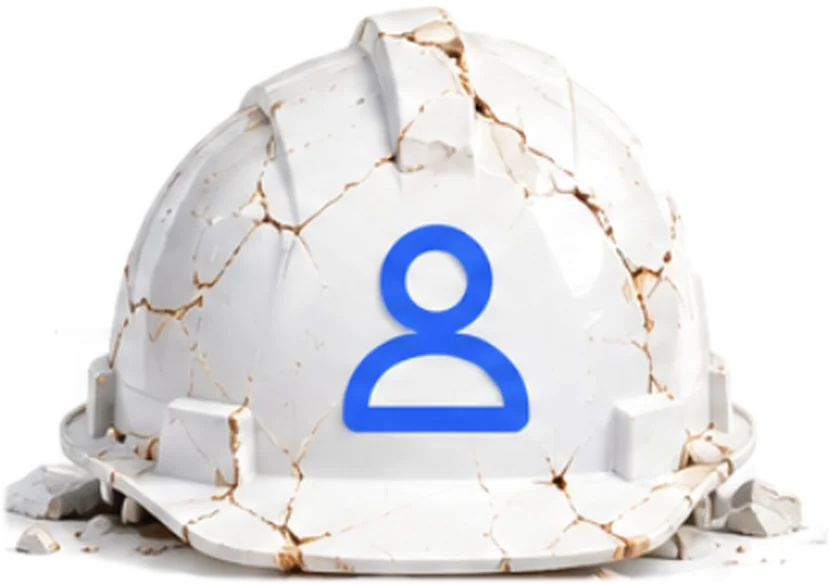 Cracked white hard hat with a blue person icon