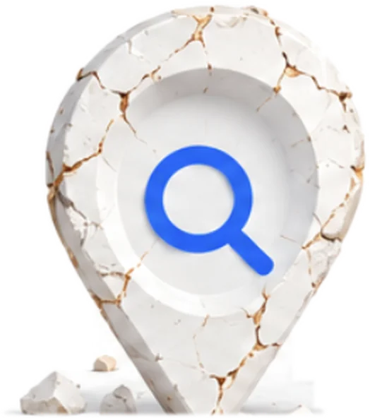 Cracked white map pin with a blue search icon