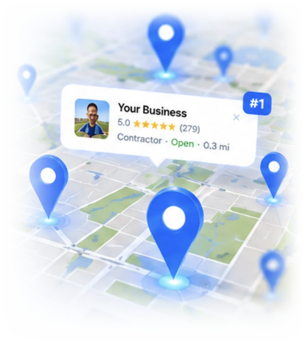 Map with blue location pins and your business listed first, with a 5.0 star rating