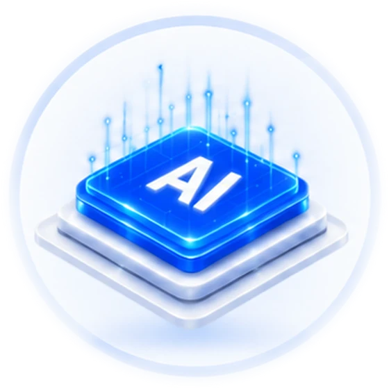 Glowing blue AI processor chip